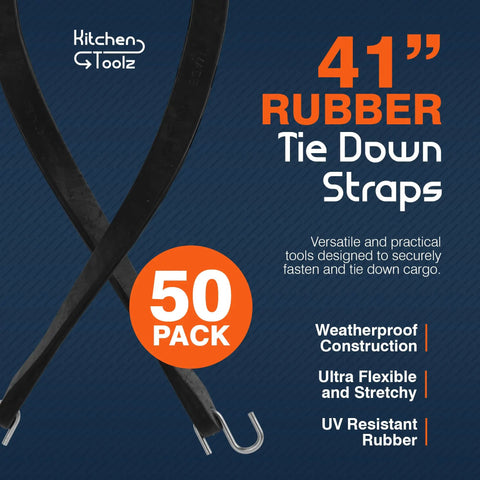 Heavy Duty Rubber Bungee Cords With Hooks, 41 Inch, 50 Pack For Outdoor Cargo Security with text details on packaging.