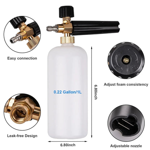 Pressure Washer Short Gun Foam Cannon Kit With One Quarter Inch Quick Connector And Five Nozzle Tips M22 To Fourteen Millimeter