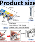 Diagram showing dimensions of a Three In Fifteen Out Lever Terminal Block Kit with high capacity connectors, DIN rail mount.