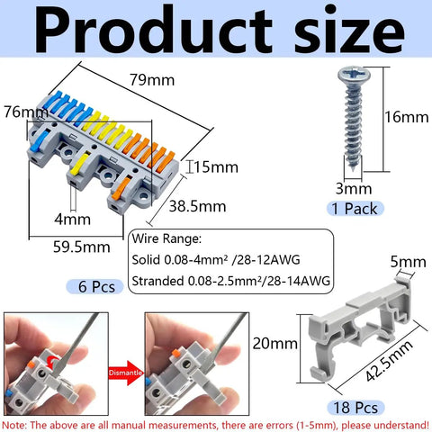 Diagram showing dimensions of a Three In Fifteen Out Lever Terminal Block Kit with high capacity connectors, DIN rail mount.