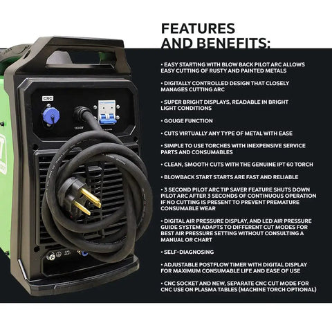 Heavy Duty 80 Amp Cnc Plasma Cutter With Ptm Machine Torch And Blowback Ignition For Painted Or Rusted Metals Includes 24 Foot Cable With Euro Quick Connect with digital display and power connections.