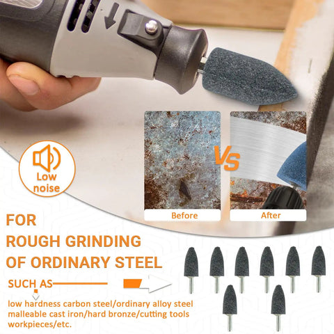 Rotary tool using Cone Shaped Aluminum Oxide Grinding Stone Set with Quarter Inch Shank for Grinding Polishing and Deburring Ferrous Metals
