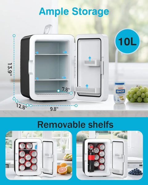 10L Portable Mini Fridge For Dorm, Office And Desk Use Black 2.6 Gal Compact Cooler With AC And DC Adapters open with shelves