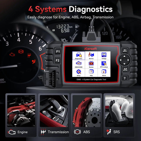 E660 2026 Version OBD2 Scanner For Engine ABS SRS And Transmission Code Reader with diagnostics interface shown