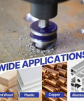 Pro Grade Countersink Drill Bit Set 1/4 To 3/4 Inch showing drilling applications for wood, plastic, copper, and aluminum.