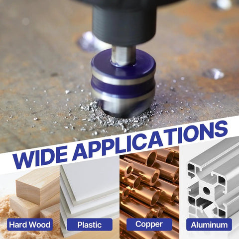 Pro Grade Countersink Drill Bit Set 1/4 To 3/4 Inch showing drilling applications for wood, plastic, copper, and aluminum.