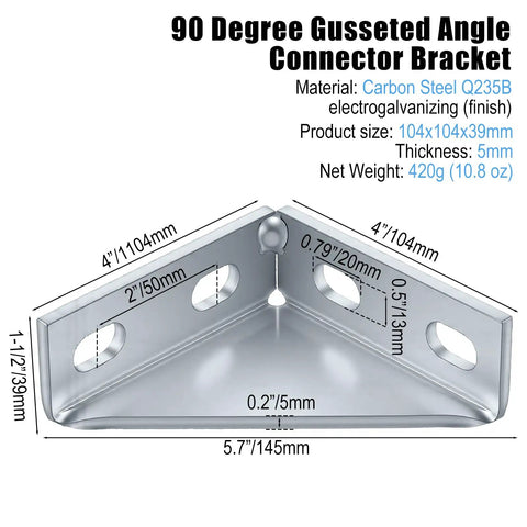 90-degree carbon steel gusseted angle connector bracket for strut channel, 104x39mm size, heavy duty construction.