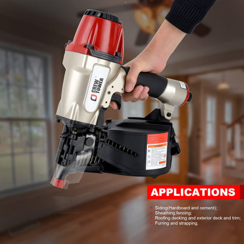 Person holding CN565B Beast 15 Gauge Siding Nail Gun Coil Pneumatic for siding sheathing fencing roof decking