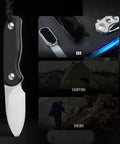 Drop Bear Fixed Blade Knife With 2.57 Inch D2 Satin Blade, Ultra Lightweight EDC Camping Knife With Black G10 Handle, images showing EDC, camping, hiking usage