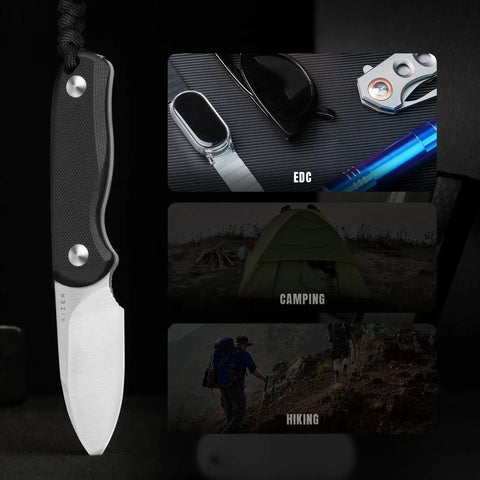 Drop Bear Fixed Blade Knife With 2.57 Inch D2 Satin Blade, Ultra Lightweight EDC Camping Knife With Black G10 Handle, images showing EDC, camping, hiking usage