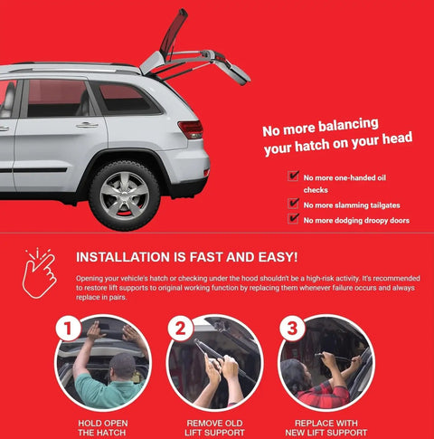 Heavy Duty Rear Liftgate Tailgate Hatch Trunk Gas Strut Shock Lift Support Replacement Pair shown on SUV with open hatch.