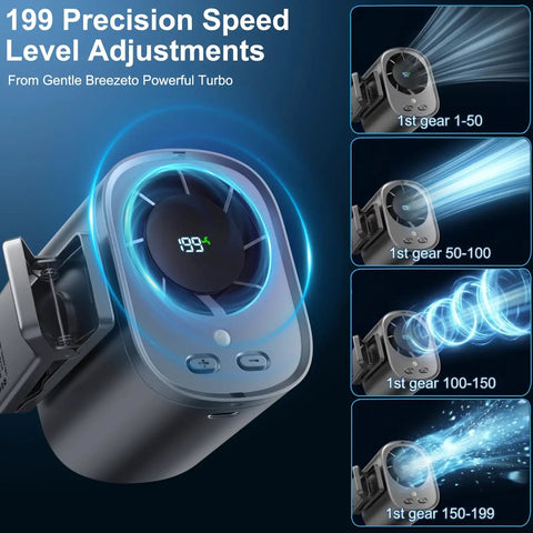 Car Clip On Fan With LED Display, 360 Degree Rotation, 199 Speed Settings, speed display and air stream graphics