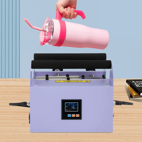 Heavy Duty 40 Oz Tumbler Heat Press Machine with Sturdy Iron Body and pink tumbler ready for sublimation.