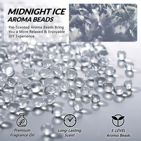 Car Freshie Starter Kit With 1 Pound Scented Aroma Beads in Midnight Ice displayed with premium fragrance icons