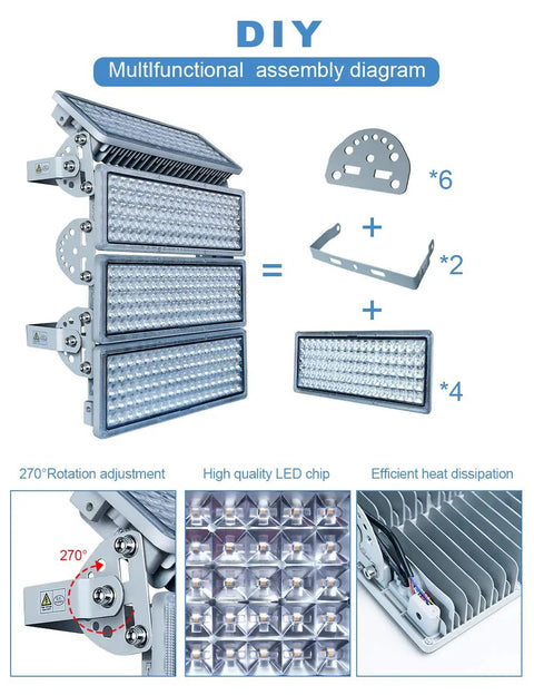Outdoor LED Stadium Light 56000 Lumens Flood Light With 6KV Surge Protection assembly diagram with adjustable mount