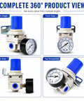 360-degree view of Adjustable Air Pressure Regulator For Compressors With Gauge From Zero To One Hundred Sixty PSI