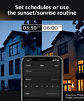 Hue Lucca White Outdoor Wall Light With Dusk To Dawn Sensor shown with app control and scheduling features at sunrise.