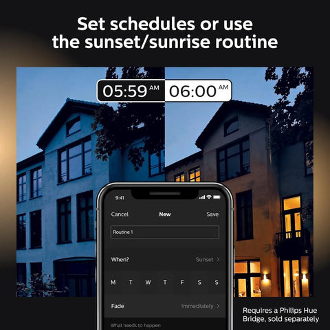 Hue Lucca White Outdoor Wall Light With Dusk To Dawn Sensor shown with app control and scheduling features at sunrise.