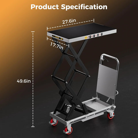 Front view of CAMMOO hydraulic lift table cart, gray, double scissor lift, 330 lb capacity with non-slip pad