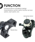 Close-up of 7/8 Inch Handlebar Horn Start Switch Button With Momentary Action Waterproof Aluminum Black showing design and connectors.