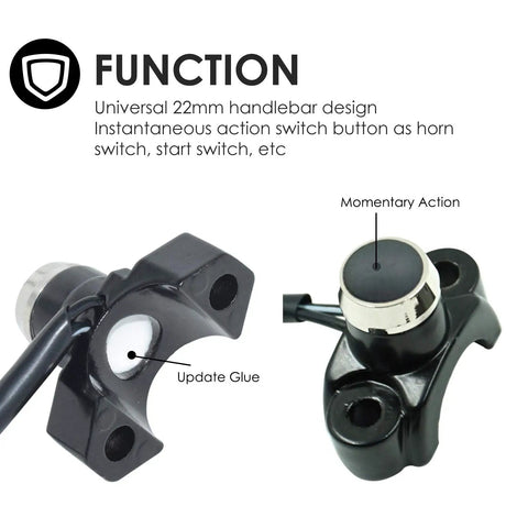 Close-up of 7/8 Inch Handlebar Horn Start Switch Button With Momentary Action Waterproof Aluminum Black showing design and connectors.