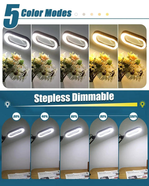5 color modes and dimmable settings of 12X Rectangular Magnifier With Light And Stand Large 2 By 16 Inch Swivel Arm LED Desk Lamp