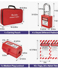 Lockout Tagout Kit For Electrical Safety Must Have With Hasps Clamp On And Universal Breaker Locks, 4 Safety Padlocks, Tags, Nylon Ties, Pocket Bag, Keyed Different, 7131R displayed with lockout pouch, padlocks, plug lockout, and safety tags.