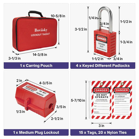 Lockout Tagout Kit For Electrical Safety Must Have With Hasps Clamp On And Universal Breaker Locks, 4 Safety Padlocks, Tags, Nylon Ties, Pocket Bag, Keyed Different, 7131R displayed with lockout pouch, padlocks, plug lockout, and safety tags.