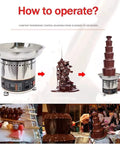 Heavy Duty 5 Tier Electric Chocolate Fountain With 304 Stainless Steel Base, Boasts Fast Heat Settings, how to operate diagram