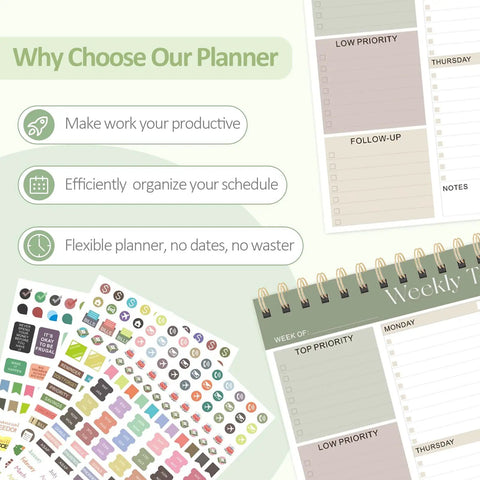 Undated Weekly To Do List Notepad 52 Large 8.5x11 Sheets Landscape Planner with colorful stickers and spiral binding