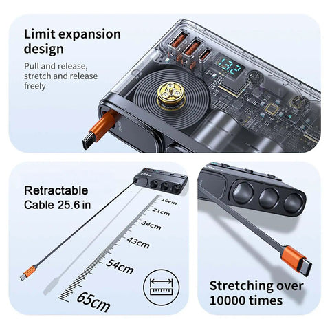 Heavy Duty Cigarette Lighter Splitter With 45W Retractable Type C Car Charger Cable showing retractable cable and multi-port hub.