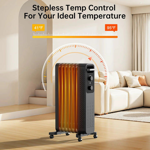 Front view of ZAFRO 1500W oil-filled radiator heater, black with orange fins, on wheels in living room.