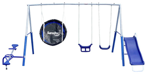 Backyard Swing Set With Seven Seats And Five Stations, Five Foot Wave Slide, Easy Assembly Galvanized Steel Frame, See Saw, Super Disc Swing