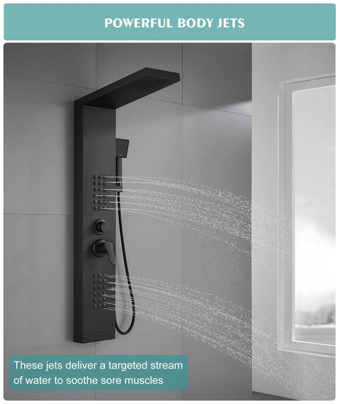 Contemporary Matte Black 4 In 1 Shower Panel System Featuring Rainfall Head And Full Body Massage Jets For A Total Game Changing Bathroom Upgrade