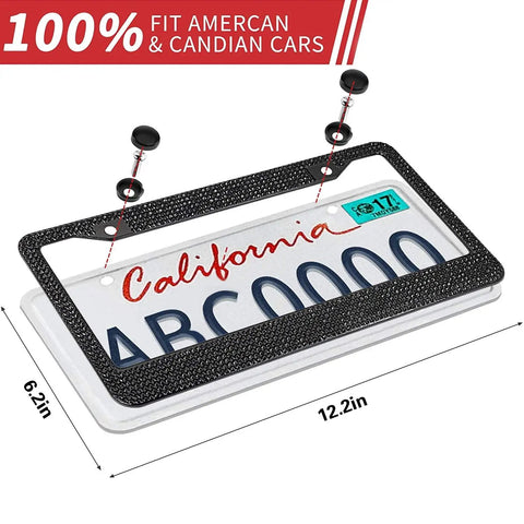 Sparkly Stainless Steel Bling License Plate Frame For Women With Over 1200 Faceted Crystal Rhinestones Scratch Guard Edge Black Finish Includes Free Glitter Diamond Box displaying size dimensions