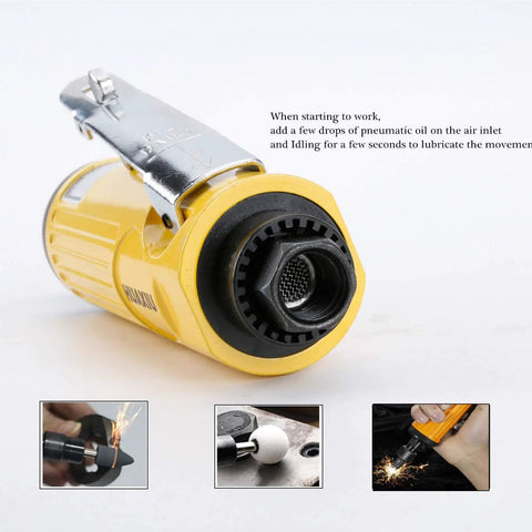 Close-up of Compact Air Die Grinder With One Quarter And One Eighth Collets for lubricating air inlet and operation.