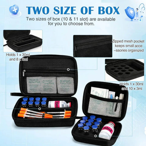 2 Piece Peptide Vial Storage Case Pack For 3ml 10ml Vials And 30ml BAC Water With Mesh Pocket Fridge Freezer Travel Ready Insulin Vial Holder Keeps Bottles Secure And Neatly Organized; open case with vials and syringes