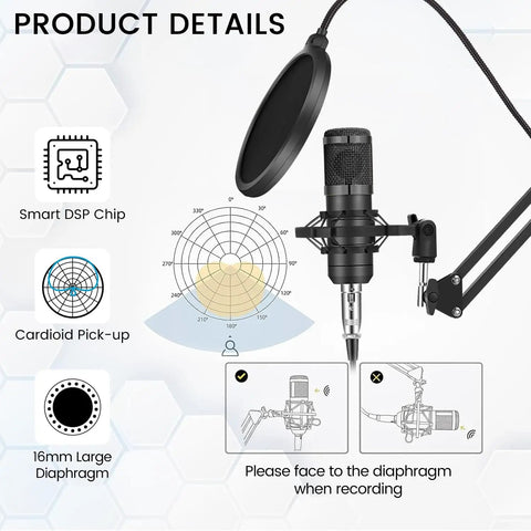 All In One Podcast Setup Bundle With Studio Grade Microphone And Voice Changer, showing smart DSP chip and cardioid pickup patterns.