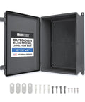 Durable Outdoor Junction Box 15x11 Inches Waterproof IP65 Black Weatherproof Electrical Enclosure For Wires And Cables Heavy Duty Plastic Box Ideal For Outdoor Electrical Projects, open with mounting hardware