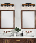 Real Wood Rustic Vanity Light for Farmhouse Bathrooms Over Mirror Three Light Rustic Vanity Lighting With Clear Glass Shades