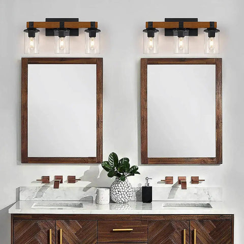 Real Wood Rustic Vanity Light for Farmhouse Bathrooms Over Mirror Three Light Rustic Vanity Lighting With Clear Glass Shades