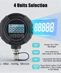 Dope Digital Vacuum Gauge For HVAC Evacuation Zero To Seventy Five Thousand Microns Range One Quarter Inch SAE Connection Pro Grade Digital Pressure Tester Meter With Three Way Connection And Extended Rod Portable High Accuracy Tool, front view