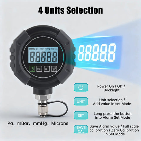 Dope Digital Vacuum Gauge For HVAC Evacuation Zero To Seventy Five Thousand Microns Range One Quarter Inch SAE Connection Pro Grade Digital Pressure Tester Meter With Three Way Connection And Extended Rod Portable High Accuracy Tool, front view