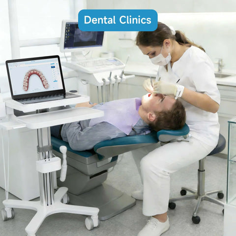 Dental clinic trolley cart with laptop tray and oral scanner holder, silver aluminum frame