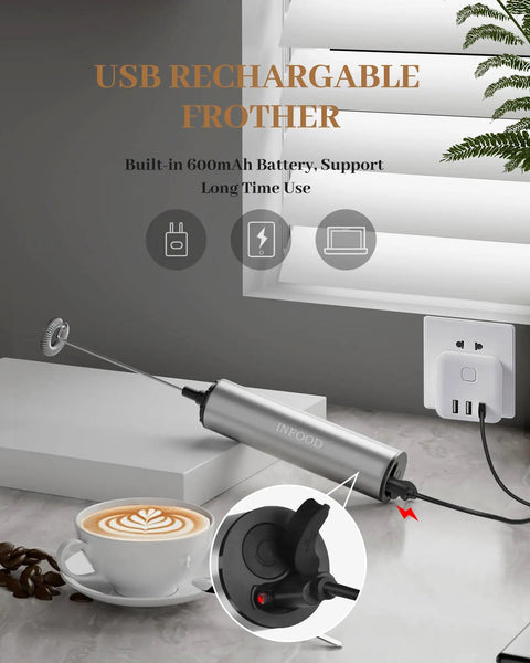 Rechargeable Milk Frother With USB, Portable Handheld Whisk For Latte, Cappuccino, Hot Chocolate And More - silver, plugged in, on countertop