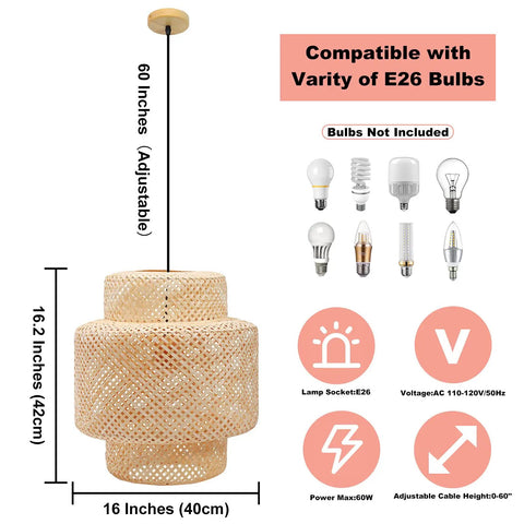 Rattan Pendant Light For Kitchen Boho Chic Bamboo Lampshade Handmade Weave Lighting Wood Ceiling Fixture 16 Inch Modern Hanging Light For Warm Cozy Vibe