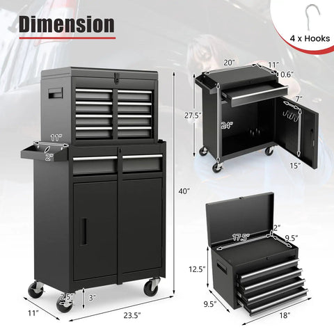 Two In One Tool Chest With Five Drawers Rolling Cabinet And Detachable Top Toolbox For Garage Workshop Universal Lockable Wheels And Lock Bar Protective Liner And Tool Rack Tough As Nails Metal Storage Cart dimensions