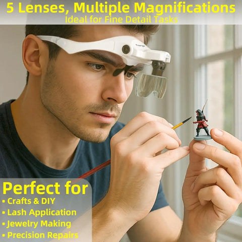 Close-up of person using Lighted Magnifier Headset With Five Interchangeable Lenses for detailed model painting.