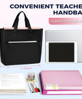 Convenient teacher handbag with compartment for tablet or documents, featuring pockets for organization and storage essentials.