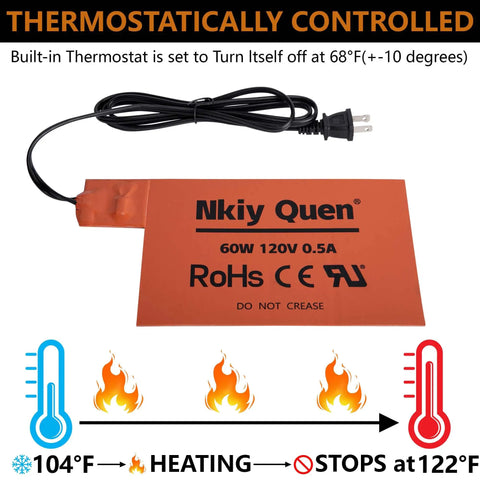 Automotive Silicone Battery Heater Pad With Smart Thermostatic Control And Uniform Heating Wires, 60W, 8.2x5.5 inches, under power cord.